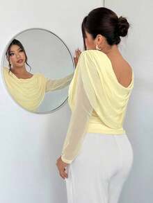 Blusa sexy de manga larga con cuello en V profundo y malla transparente ajustada para mujer de talla grande, adecuada para el Día de San Valentín, conciertos, actuaciones, citas, cenas formales, bailes de graduación, bodas, estilo sexy y elegante, para ir al trabajo, de vuelta a la escuela, vacaciones, playa, romántica, estilo sirena, fiestas de cumpleaños - Amarillo - Ver 12