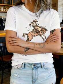 Camiseta de Mujer con Estampado de Vaquera y Caballo - Suave, Transpirable, Cuello Redondo, Manga Corta, Lavable a Máquina, Camiseta Casual de Verano para Primavera y Verano. - Blanco - Ver 4