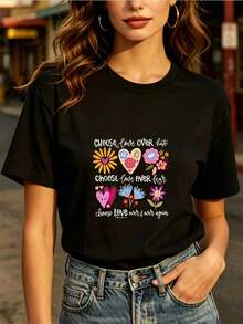 Women's "Choose Love Over Fear" 180g T-Shirt For Everyday Fashion -- Perfect Choice For Valentine's Day Gift, Family Outings, And Office Team Building Activities -- Comfortable And Stylish Floral Design -- Excellent Match For Halloween Costumes And Everyday Casual Outfits 0ONM - 黑色 - 查看 6