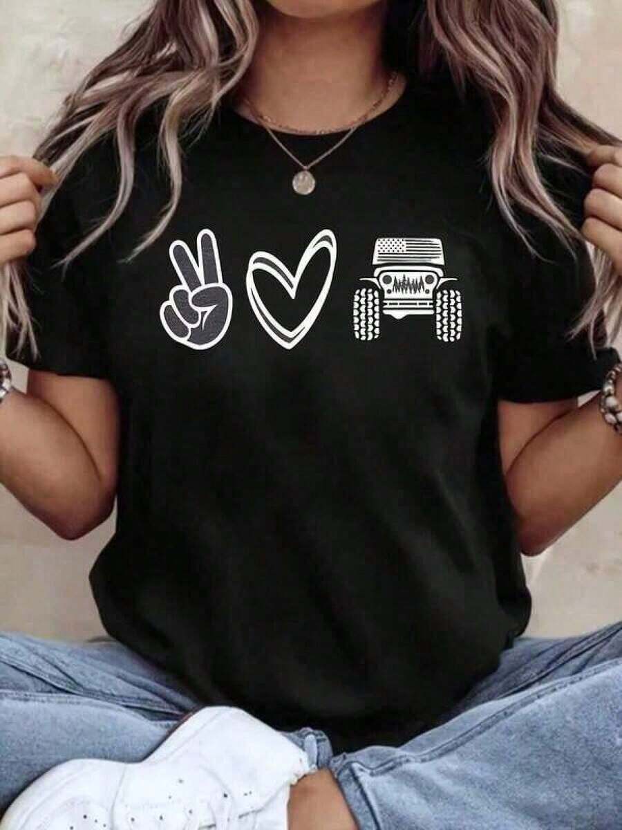 Cotton Graphic T-Shirt, Plus Size 2026, Women's Summer Top, Print, Oversized Cotton T-Shirt, Soft And Breathable, Comfortable And Fitted Crew Neck, Loose And Comfortable T-Shirt, Y2K, Men's Oversized T-Shirt, Summer Tops - 黑色 - 查看 1
