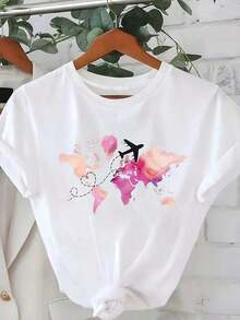 Women's Short Sleeve Crew Neck T-Shirt - Watercolor Airplane And World Map Print, Loose Casual Top, Machine Washable, Comfortable For All Seasons, Fun Travel Themed Print T-Shirt, Comfortable Everyday Wear Suitable For Spring, Summer, Autumn And Winter, Pure Cotton And Short Sleeve. - 白色 - 查看 1