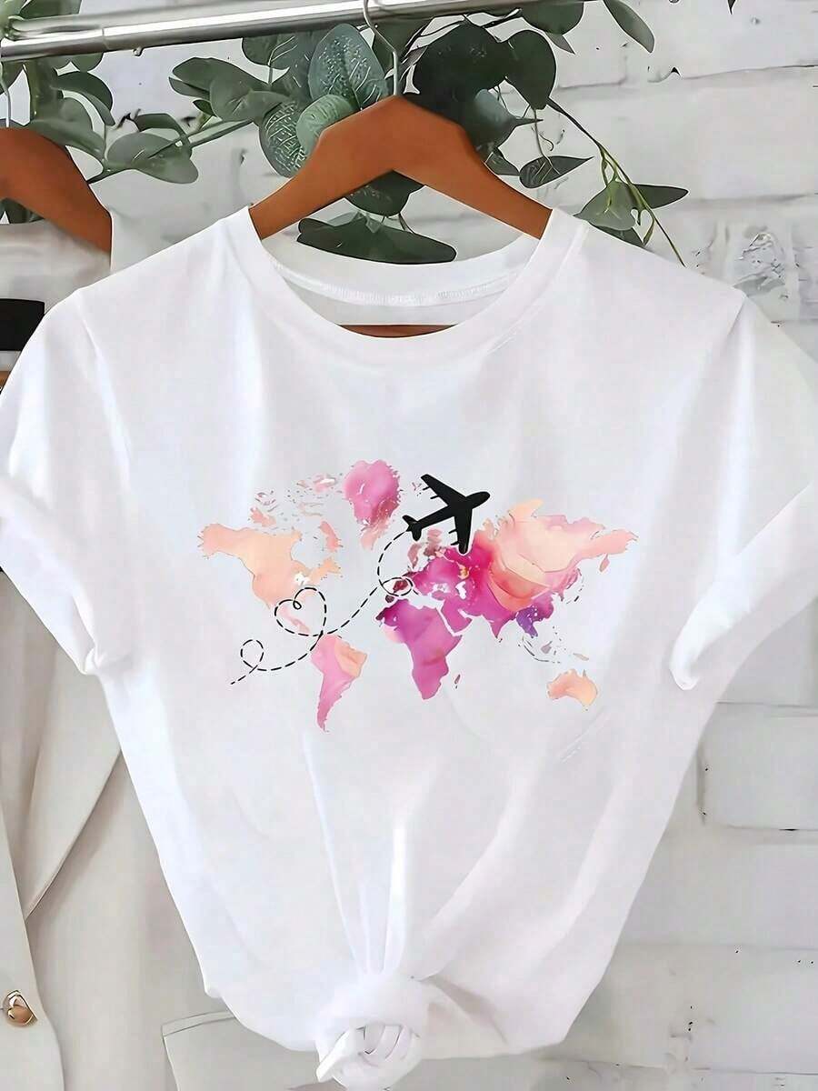 Women's Short Sleeve Crew Neck T-Shirt - Watercolor Airplane And World Map Print, Loose Casual Top, Machine Washable, Comfortable For All Seasons, Fun Travel Themed Print T-Shirt, Comfortable Everyday Wear Suitable For Spring, Summer, Autumn And Winter, Pure Cotton And Short Sleeve. - 白色 - 查看 1