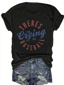 Camiseta Casual para Mujer, Estampada con la Frase "No Llames en el Béisbol", Manga Corta, Cuello Redondo, Apta para Todas las Temporadas, Tejido de Punto, Largo Normal, Holgada y Cómoda - Negro - Ver 5