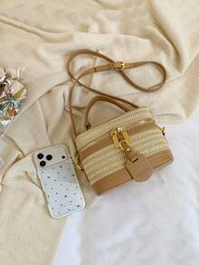 2026 New French Retro Straw Woven Contrast Color Patchwork Handbag, Shoulder Bag, Tote Bag, Large Capacity, Zipper Closure, Suitable For Beach, Vacation, Commute, Travel, Nature Style, Elegant Charm For Women - Khaki - View 8