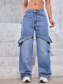 Jeans anchos y holgados para mujer con diseño plegado y bolsillos - Azul - Ver 3