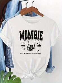 Soft 100% Cotton, Casual, Fashionable Women's T-Shirt With Custom "Zombie Mom" Print In Dark Letters, White Short-Sleeved Crew Neck T-Shirt - Machine Washable, Casual Style, Comfortable Fit, Modern Design, Suitable For Daily Wear, Soft Fabric, Stylish, Comfortable And Loose, Breathable Cotton T-Shirt, Matches Everything. - 白色 - 查看 6