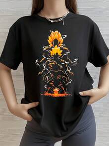 A Warrior Surrounded By Fiery Energy, Raising His Power Amidst Golden Lightning, Symbolizes Inner Strength And Self-Improvement. This Modern, Casual Women's T-Shirt Is Ideal For Lovers Of Energy And Motivation. - 黑色 - 查看 8