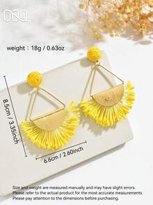 OOQ 1 Đôi bông tai hình quạt hình học làm thủ công từ sợi raffia, phụ kiện du lịch biển sành điệu và gợi cảm dành cho nữ, thích hợp cho hẹn hò, kỳ nghỉ, làm quà tặng (Được làm thủ công từ sợi raffia, hình dạng và hướng ngẫu nhiên) - Màu vàng - Xem 2