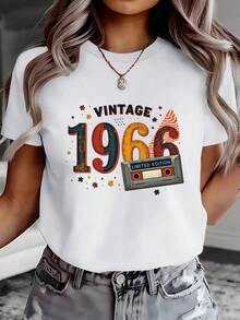 Women's 100% Cotton T-Shirt, Casual Loose Fit, Vintage 1966-Themed Design, Limited Edition Pattern With Ribbon And Star Embellishments. Printed Sweatshirt, Casual Crew Neck Sweatshirt For Spring/Summer, Short-Sleeved T-Shirt, Comfortable Top For Women 12460. - 白色 - 查看 1