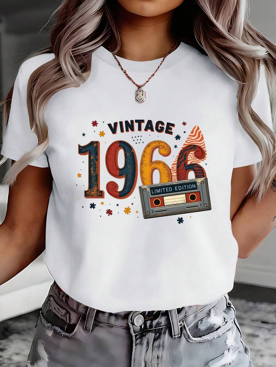 Women's 100% Cotton T-Shirt, Casual Loose Fit, Vintage 1966-Themed Design, Limited Edition Pattern With Ribbon And Star Embellishments. Printed Sweatshirt, Casual Crew Neck Sweatshirt For Spring/Summer, Short-Sleeved T-Shirt, Comfortable Top For Women 12460. - 白色 - 查看 1