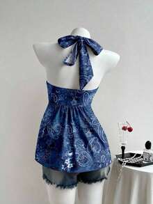 Top de tirantes con estampado de lunares marrones y detalle de nudo en la espalda para mujer, adecuado para verano, vacaciones de primavera, ceremonia de graduación, fiesta de boda, vacaciones elegantes, playa casual, estilo Y2K lindo y sexy y - Azul - Ver 2