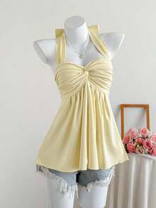 Top de tirantes con estampado de lunares marrones y detalle de nudo en la espalda para mujer, adecuado para verano, vacaciones de primavera, ceremonia de graduación, fiesta de boda, vacaciones elegantes, playa casual, estilo Y2K lindo y sexy y - Amarillo claro - Ver 7