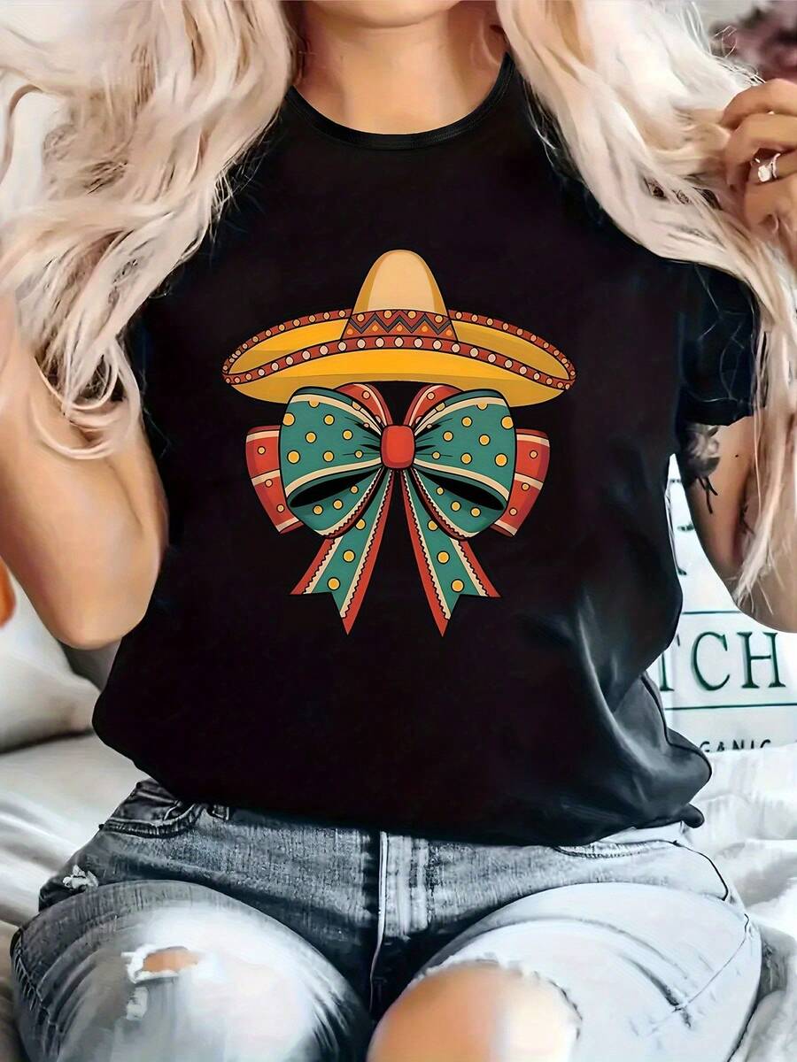 Plus Size T-Shirt For Women - Casual Plus Size T-Shirt For Women - Round Neck, Short Sleeves, Slightly Stretchy Fabric, Regular Fit, Comfortable All Season Top, Featuring Vibrant Mexican Prints And Bow Designs, Plus Size T-Shirts For Women. - 黑色 - 查看 1