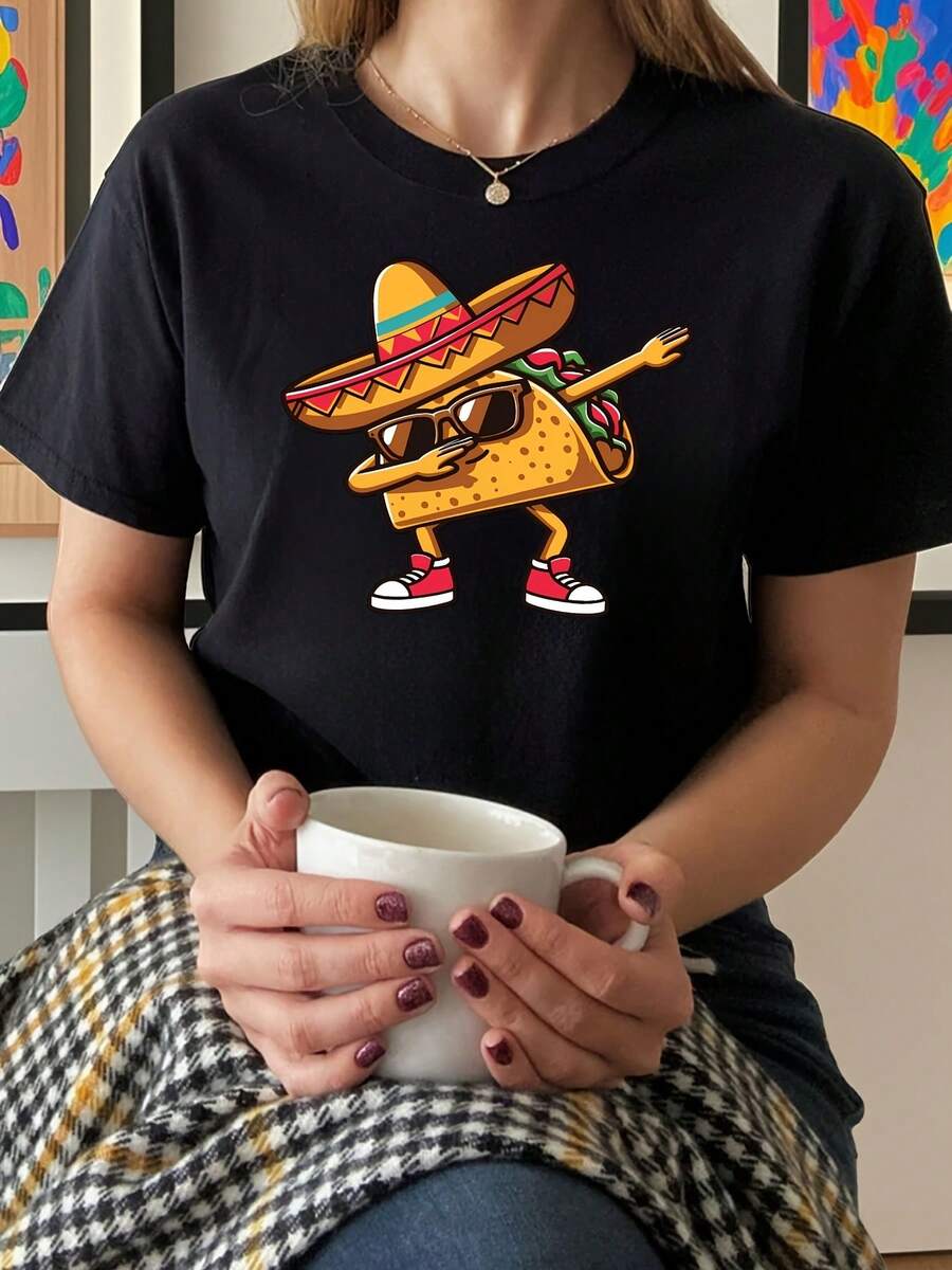 Women's T-Shirt: YS031630 Mexican Style, Carnival Under The Sun, Party Spirit, Happy Moments, Celebration Time, Mexican Themed Letter Print T-Shirt, Casual Short Sleeve Round Neck Top For Summer And Spring, Women's Tops. - 黑色 - 查看 1