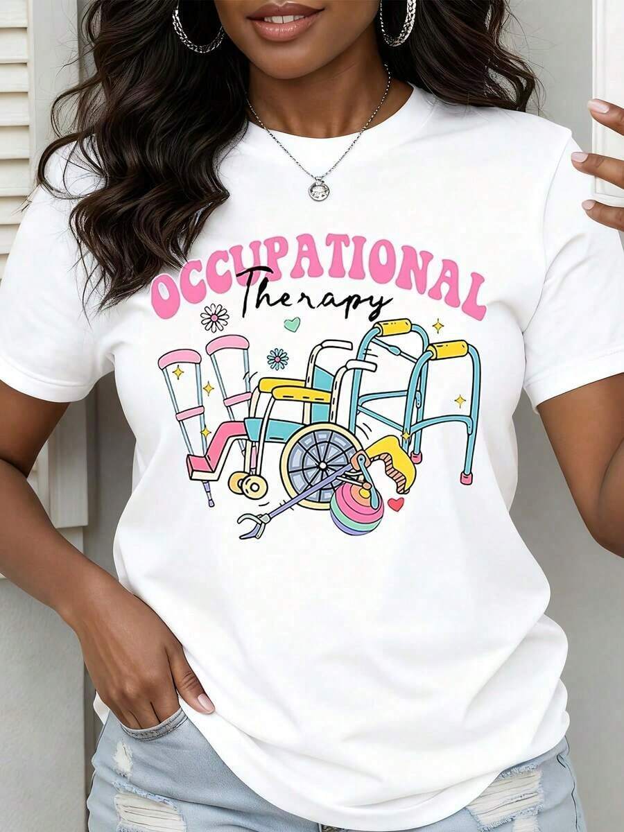 Women's Occupational Therapy T-Shirt With Round Neck And Wheelchair And Crutches Print For Everyday And Work Use - Unisex Urban Vintage Style, Loose Fit, Cotton, Short Sleeve And Round Neck. - 白色 - 查看 1