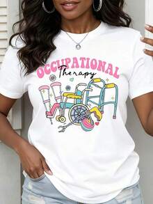 Women's Occupational Therapy T-Shirt With Round Neck And Wheelchair And Crutches Print For Everyday And Work Use - Unisex Urban Vintage Style, Loose Fit, Cotton, Short Sleeve And Round Neck. - 白色 - 查看 6