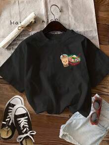 Camiseta con estampado gráfico, manga corta y cuello redondo, top casual para verano y primavera, ropa de mujer - Negro - Ver 3