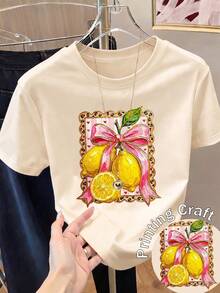Impala Women's Short-Sleeved Printed T-Shirt, Spring Clothing, Holiday Outfit, White For Summer, Beach Look, Vacation Style, Country Style, Women's Office Outfit. - 杏色 - 查看 1
