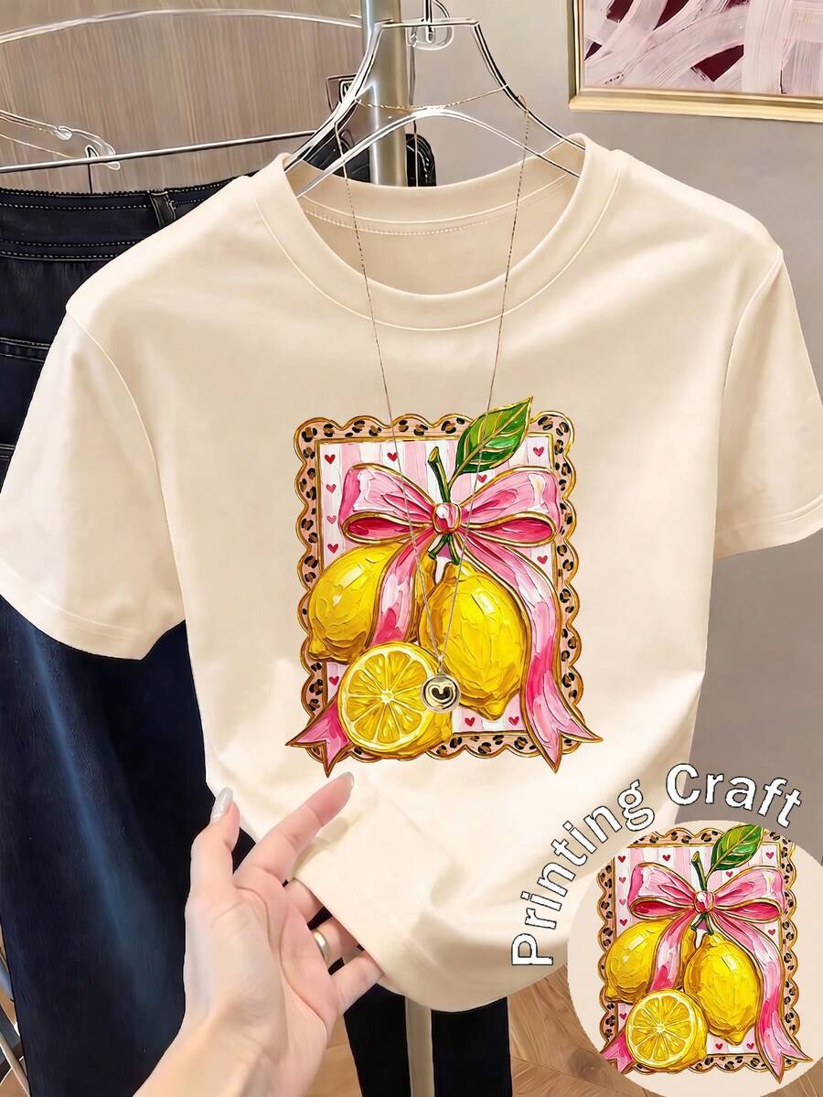 Impala Women's Short-Sleeved Printed T-Shirt, Spring Clothing, Holiday Outfit, White For Summer, Beach Look, Vacation Style, Country Style, Women's Office Outfit. - 杏色 - 查看 1
