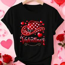 Women's Valentine's Day T-Shirt With Cowboy Hat - Short Sleeve Top With Western Print "Happy Valentine's Day", Soft Crew Neck Casual Blouse Suitable For Valentine's Day Events And Casual Wear, Sizes S-XXL Available - 黑色 - 查看 1