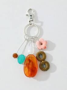 1pc Natural Crystal Stone Flower Beaded Pendant Keychain, Backpack Charm, Car Key Chain, Daily Use Small Gift - Multicolor - View 3