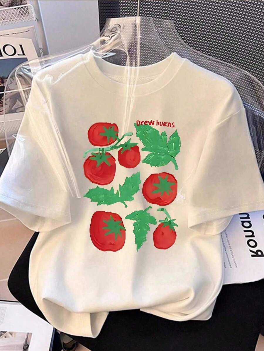 [Entrega Local]Playera Para Mujer Camiseta De Manga Corta Con Estampado De Lazo, De Corte Holgado, Para Primavera/Verano, De Uso Casual - Blanco - Ver 1