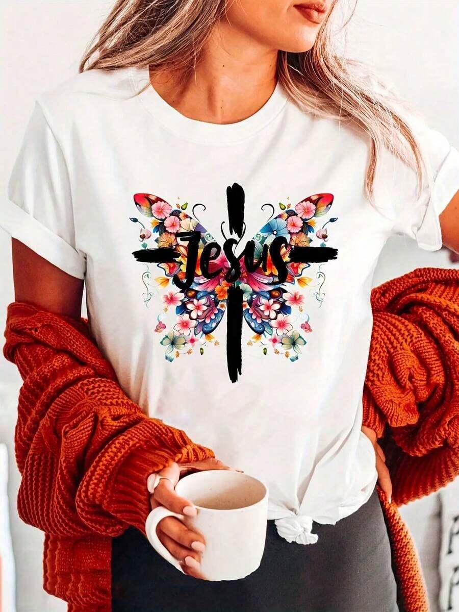 A Spring/Summer Set: Soft Women's T-Shirt With A Maosas Print, Casual Short-Sleeved Top With A Round Neck, Suitable For Comfortable And Casual Wear In Spring And Summer | Clothing With A Religious Print | Elegant Party Gift, Holiday Present - 白色 - 查看 1