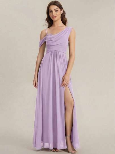 EVERPRETTY Đầm voan màu tím oải hương mới, thêu hoa, cổ xếp ly, thích hợp cho khách dự đám cưới, tiệc tối trang trọng, tiệc sinh nhật và các dịp khác.