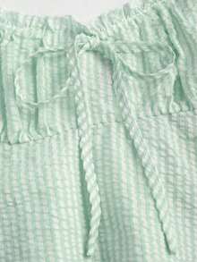 Conjunto de 2 piezas de blusa de manga de pétalo a rayas estilo francés dulce y pantalones rectos holgados para mujer, de primavera/verano - Verde - Ver 5
