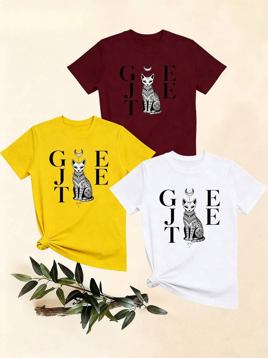Women's T-Shirts, Women's T-Shirts, Casual One-Piece T-Shirt With Round Neck And Cat Print, Fashionable Top, Comfortable And Breathable, Short Sleeve, Custom Print, Women's Clothing A. - 1件白色隨機圖案 - 查看 1