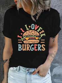 1 pieza, camiseta de manga corta de algodón puro clásica y versátil, ideal para usar en cualquier estación, con estampado de hamburguesa femenino, estilo moderno.jpg - Negro - Ver 1