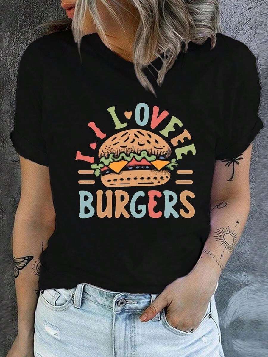 1 pieza, camiseta de manga corta de algodón puro clásica y versátil, ideal para usar en cualquier estación, con estampado de hamburguesa femenino, estilo moderno.jpg - Negro - Ver 1