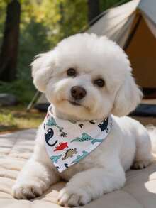 聚酯纖維白色恐龍印花寵物圍巾圍兜，Happy Little Dog，適合小型與中型貓狗（比熊、泰迪），室內或室外全年使用，不適合大型犬種 - 白色 - 查看 2