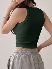 Top corto de mujer de unicolor negro ajustado para gimnasio - Verde militar - Ver 5