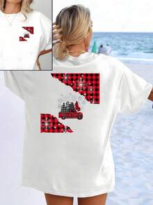 Red Plaid Truck Transporting A Christmas Tree With Snowflakes On A Festive Background Symbolizing Joy And Family Togetherness On Winter Days. Women's Double-Sided Printed T-Shirt - 白色 - 查看 1
