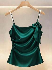 Nueva blusa de verano para mujer, top de camisola de perlas burdeos, top elegante de fiesta burdeos, top de playa burdeos, top de cami para bodas y eventos burdeos, top casual burdeos, top de cami brillante burdeos. - Verde Oscuro - Ver 1