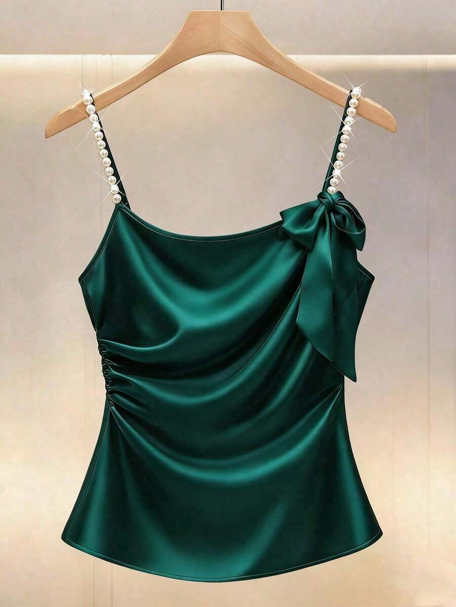 Nueva blusa de verano para mujer, top de camisola de perlas burdeos, top elegante de fiesta burdeos, top de playa burdeos, top de cami para bodas y eventos burdeos, top casual burdeos, top de cami brillante burdeos. - Verde Oscuro - Ver 1
