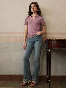 Elegante y digna blusa de punto con escote en V, bordado floral y calado, para primavera/verano - Rosa - Ver 7