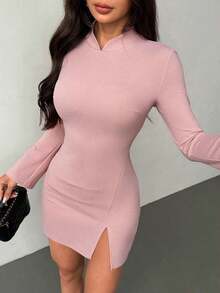 Nuevo diseño de vestido elegante rojo con cuello alto, ajustado y con puños acampanados, con patrón de monedas vintage, adecuado para citas y fiestas en el Día de San Valentín/Año Nuevo Chino - Rosa - Ver 5