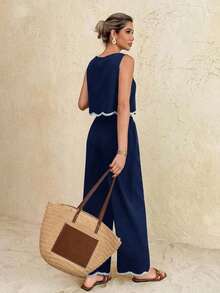 Conjunto de 2 piezas de top de tirantes y pantalones de moda casual de vacaciones para mujer - Azul marino - Ver 3