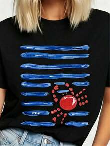 Versatile Crab Walking Top, Suitable For Streetwear, Stylish Everyday Outings, And More. This Y2K/Oversized Crew Neck Crop Top Is Perfect For Camping, Concerts, Hip-Hop, Rock, And Rap Events. | Versatile Printed T-Shirt For Women, Suitable For Spring/Summer, Machine Washable, 95% Polyester, 5% Spandex, Knit Fabric, Regular Length, Everyday Wear For Men And Women, Women's Tops, Women's Vacation Wear. - 黑色 - 查看 6