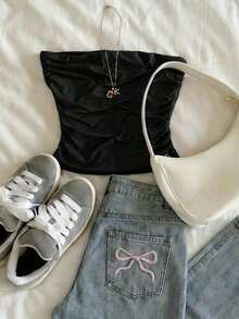 Top sin tirantes con volantes de lunares casual, top corto delgado multifuncional, adecuado para uso diario, regalos de vacaciones, moda, camiseta elegante, camiseta atractiva, regalos para hermanos y hermanas, regalos para hermanas, regalos para mamá, regalos del Día de la Madre - Negro - Ver 5