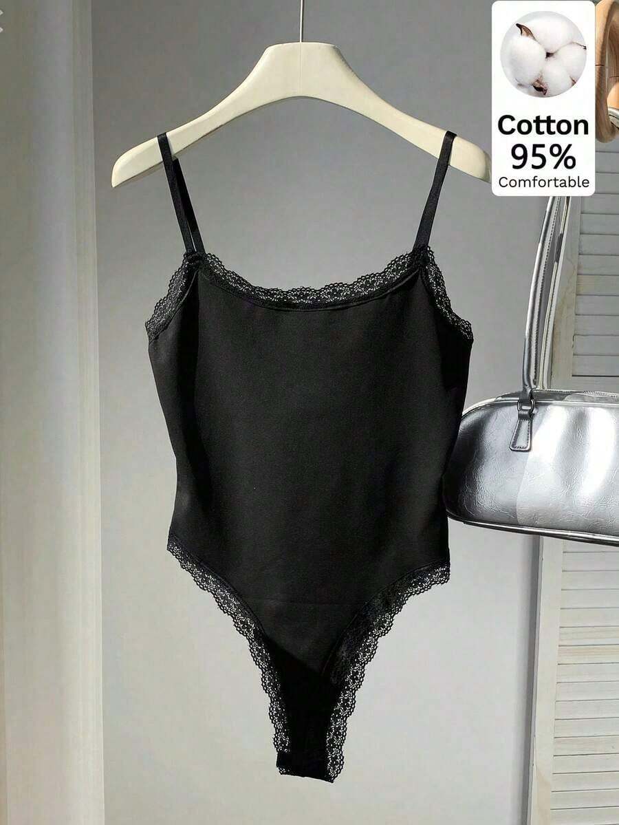 Body de encaje con parches, versátil para uso diario casual de mujer - Negro - Ver 1