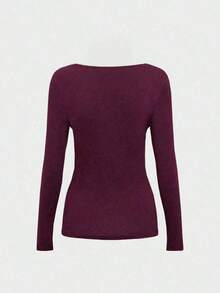 Elegante camiseta básica minimalista vintage casual de uso diario, reversible, de punto con cuello redondo y manga larga para mujer, color negro, para primavera - color ciruela - Ver 5