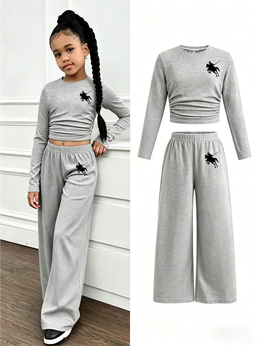 Tween Girl Cartoon Print Cinched Waist Long Sleeve Top And Pants Set - Grey - View 1
