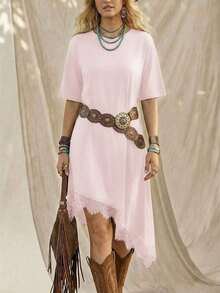 Vestido de talla media de manga corta con bajo asimétrico, de uso diario, de vacaciones y casual, de unicolor con parches de encaje, de moda básica para mujeres - Rosa - Ver 6
