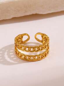 1pc 18K Gold Plated Stainless Steel Geometric Chain Open Ring, Suitable For Women's Daily, Party, Festival Gift Wear - Yellow Gold - View 4