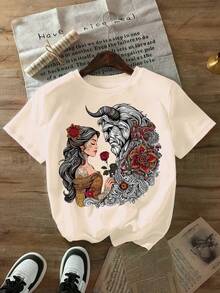 Women's Best-Selling T-Shirt With An Artistic Lion And Rose Print, Short Sleeves, And A Round Neck. Casual, Comfortable, Stylish, And Versatile, Suitable For Spring, Summer, And Autumn. Features An Optimistic Design And Stretchy Fabric. - 杏 - 查看 6