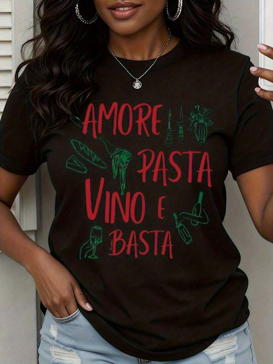 1 Piece Italian Food Lovers T-Shirt "Amore Pasta Vino E Basta" For Women, White, Casual, With Pasta, Wine And Love Design, 180g, 100% Cotton. - 黑色 - 查看 1