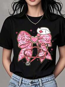 1 Piece Of Women's Round Neck T-Shirt With Nurse Bow Print, Stethoscope And Heart, Short Sleeve, Casual Wear For Daily Life And As A Gift, 180g, 100% Cotton. - 白色 - 查看 7